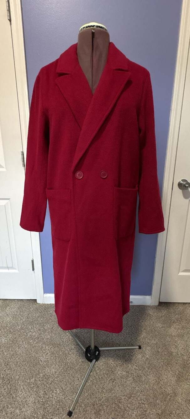 Nordstrom Rack Red Long Wool Blend Double Breasted Overcoat Size M